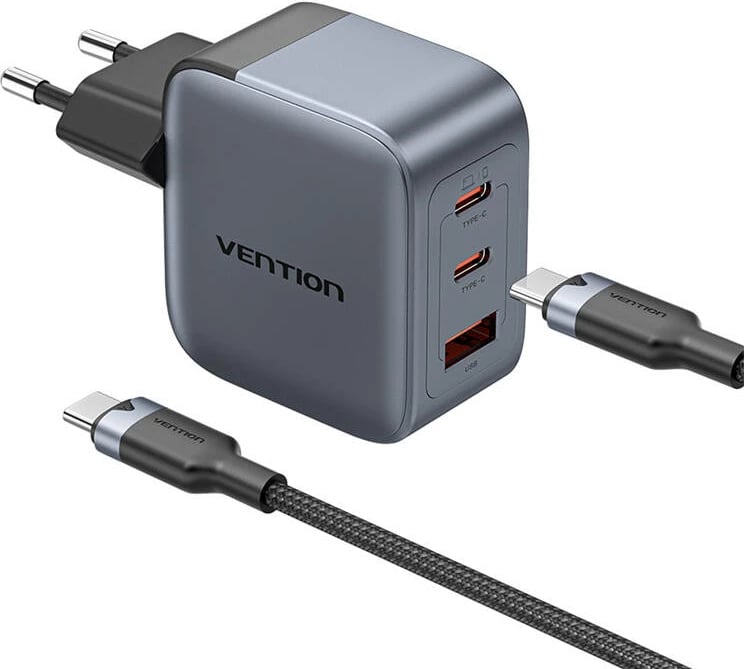 Karikues GaN Vention 70W me 2x USB-C + 1x USB-A dhe kabllo USB-C në USB-C 1m, Gri