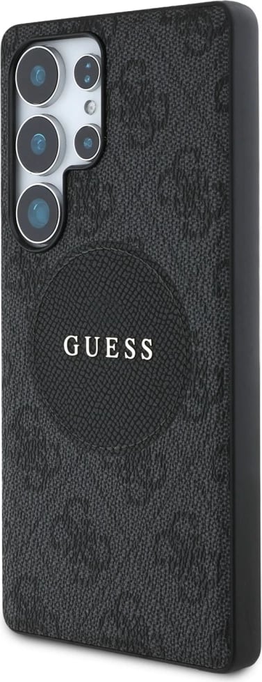 Mbështjellës Guess 4G Round Patch Classic Logo MagSafe për Samsung Galaxy S25 Ultra, i zi