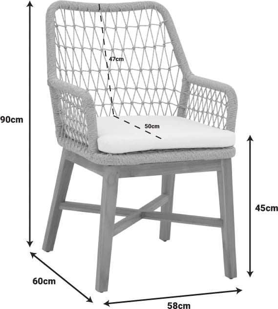 Karrige me krahë Elaiza dru teak dhe litar sintetik, ngjyrë natyrale-e zezë, me jastëk, 58x60x90cm