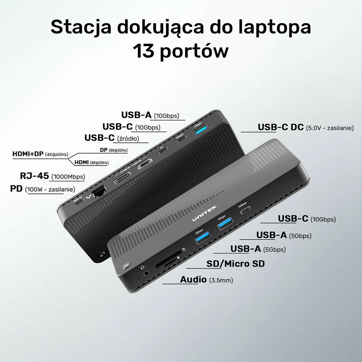 Stacion dokimi Unitek D1079A, 12 porte, HDMI 2.1, USB 4, PD 100W, e zezë