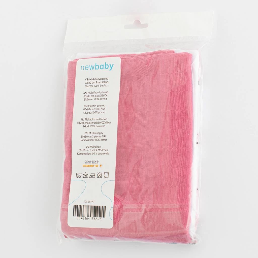 Pelenë muslini bebe, NEW BABY, 60x80 cm, 100% pambuk 110 g/m², set 3 copë, për vajza, ngjyrat sipas fotos