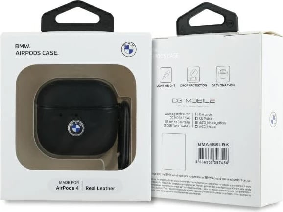 Mbështjellës BMW BMA4SSLBK për AirPods 4, lëkurë natyrale, logo argjendi, e zezë
