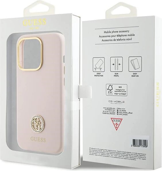 Mbështjellës Guess Silicone Logo Strass 4G për iPhone 15 Pro, rozë e çelët