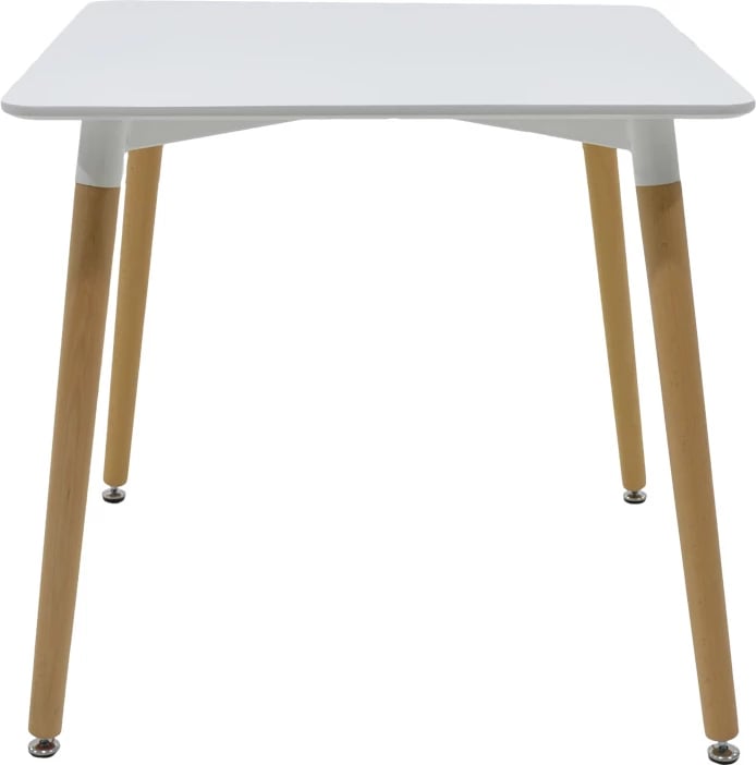 Tavolinë ngrënieje Natali, sipërfaqe MDF e bardhë, këmbë ngjyrë natyrale, 80x80x76cm