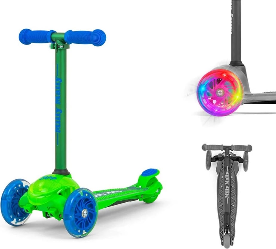 trotinet, Milly Mally, Zapp, 3 rrota, rrota me drita, timon i rregullueshëm 61-66 cm, deri 50 kg, jeshile