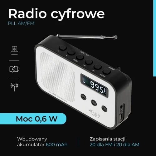 radio digjital PLL AM/FM, Adler, AD 1907, LCD, memorie 40 stacione, bateri 600 mAh, USB-C, e bardhë/zezë