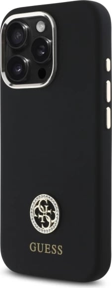 Mbështjellës Guess Silicone Logo Strass 4G për iPhone 16 Pro, i zi