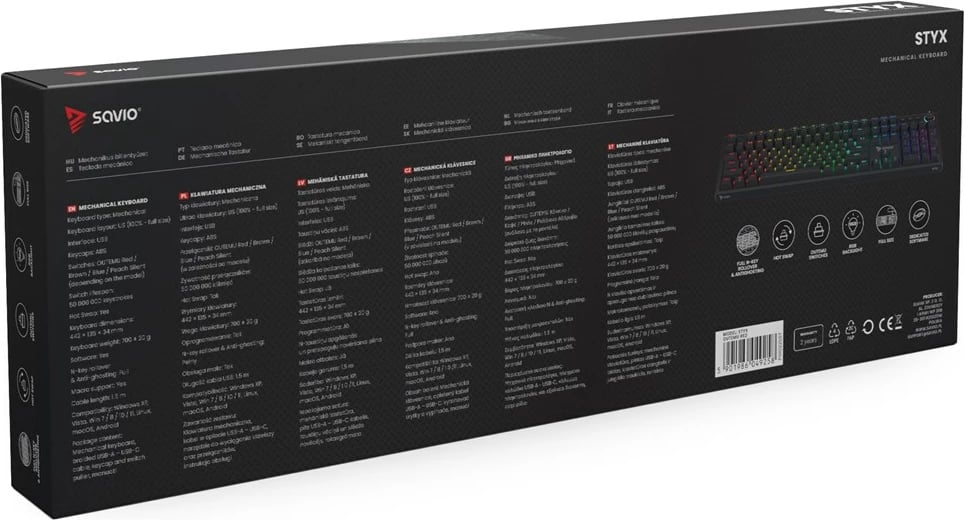 Tastierë mekanike SAVIO STYX PEACH SILENT, RGB, 104 taste, me kabllo, e zezë