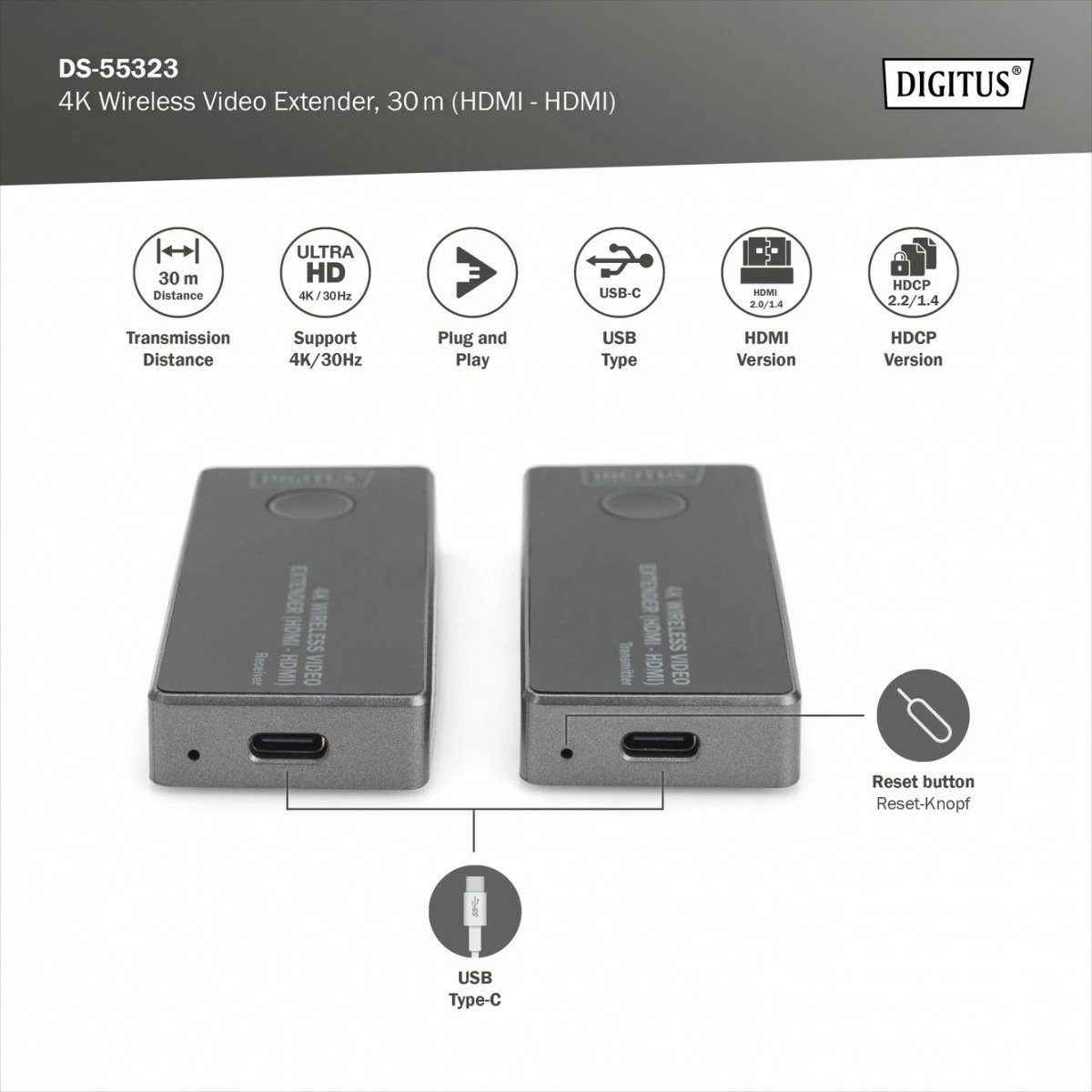 Set wireless HDMI extender Digitus DS-55323, UHD 4K, 30m, i zi/argjendtë