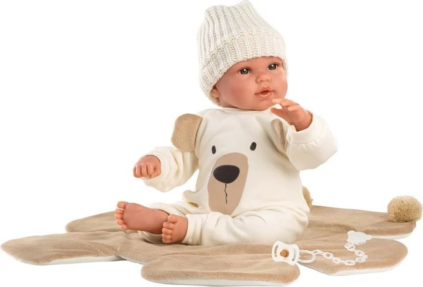 Kukull bebi Llorens Osito 63645 36 cm, qan me shtypje barku, trup pambuku me pjesë vinyl, me bateri LR44, ngjyrë krem/bezhë, set me veshje 2-pjesëshe, shilte arushi dhe cicë