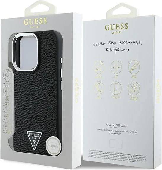 Mbështjellës Guess Grained Triangle MagSafe për iPhone 16 Pro, zi