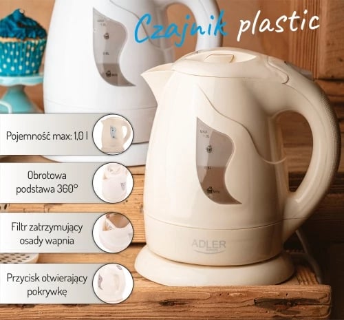 Zierës uji elektrik, Adler, AD 08, 1.0 L, 850W, plastikë, bezhë