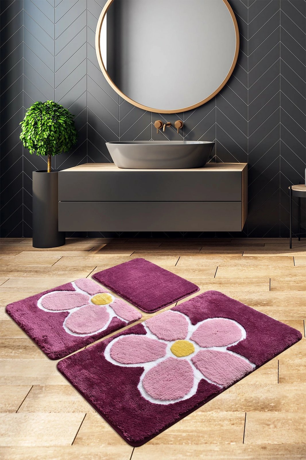 Set tapetash akrilike për banjo (3 copë), lule, ngjyrë vjollcë