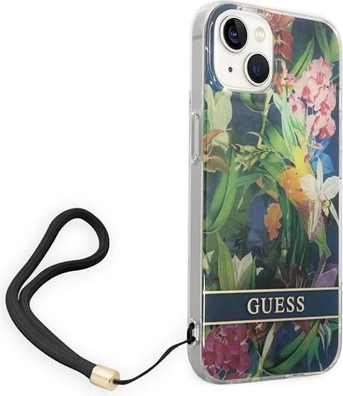 Mbështjellës Guess GUOHCP14SHFLSB për iPhone 14 6.1", Flower Strap, kaltër