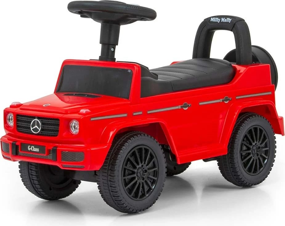 makinë lodër shtytëse për fëmijë, Milly Mally, Mercedes G350d, timon me tinguj, rrota para rrotulluese, sedilje me hapësirë, 12-36 muaj, 25 kg, e kuqe