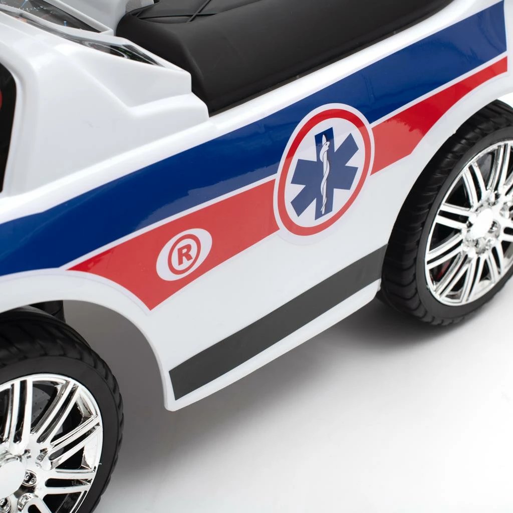 makinë shtytëse (ride-on), Baby Mix, AMBULANCE, me panel zëri dhe shufër drejtimi, rrota të përparme rrotulluese, 12m+, ngarkesë 25 kg, e bardhë