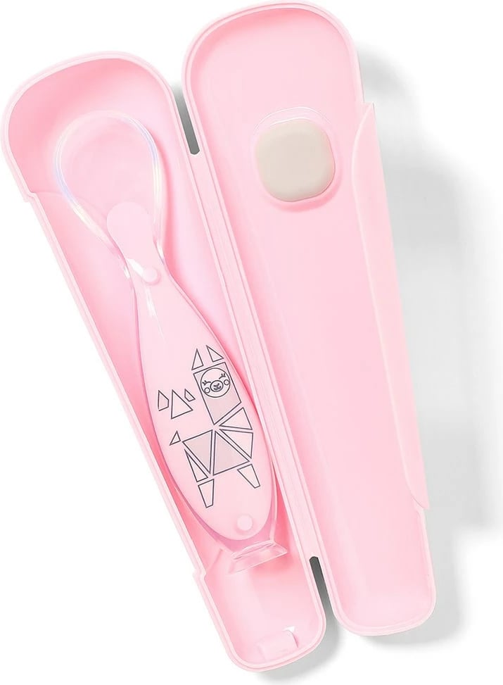 Lugë silikoni me thithëse, Baby Ono, me kuti mbrojtëse, pa BPA, 6m+, rozë, set 1 lugë + kuti