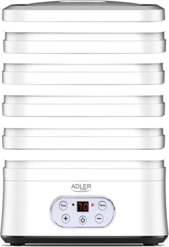 Dehidratues ushqimi, Adler AD 6658, 5 tabaka, temperaturë 35–70°C, timer 1–70 orë, 550W, LCD, i bardhë