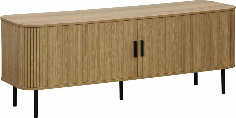 Komodë TV mesatare Scandi, ngjyrë natyrale, këmbë metalike të zeza, 150x45x57.5cm