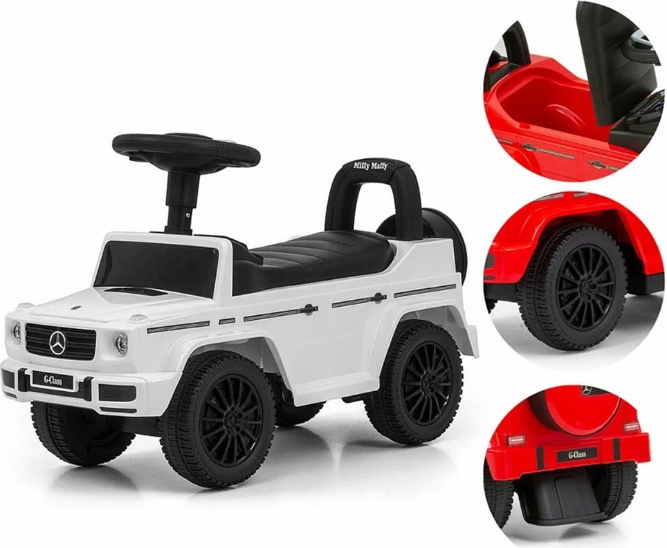 makinë lodër shtytëse për fëmijë, Milly Mally, Mercedes G350d, timon me tinguj, rrota para rrotulluese, sedilje me hapësirë, 12-36 muaj, 25 kg, e kuqe