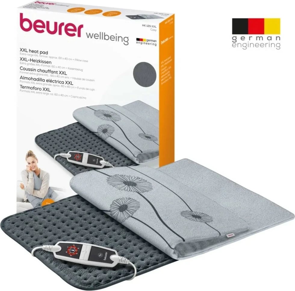 Jastëk elektrik Beurer HK125 XXL Cosy, 60x40 cm, 6 nivele, ndezje e shpejtë, timer 90 min, kabllo 2.3 m, mbrojtje nga mbinxehja, i larëshëm, gri