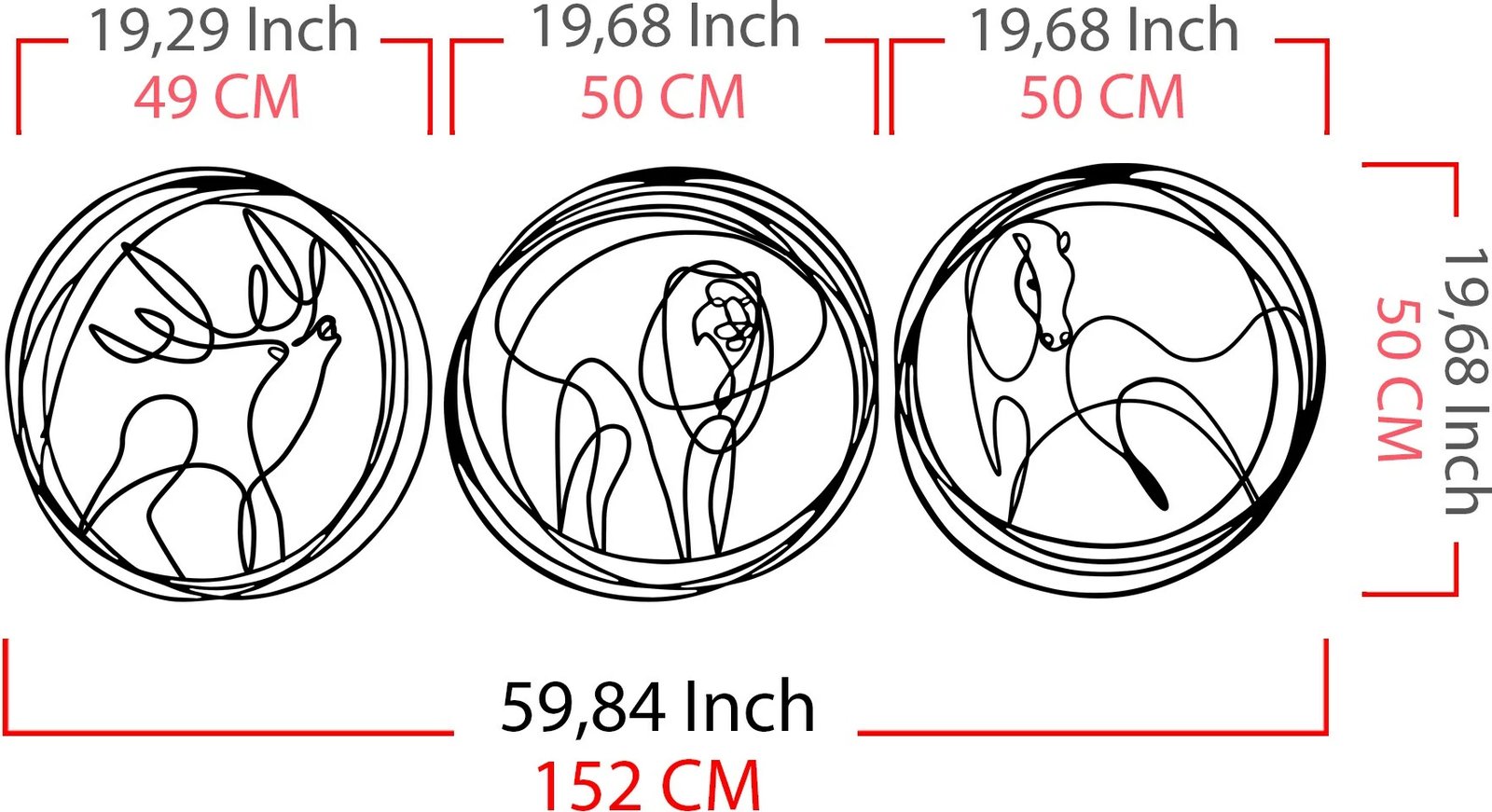 Aksesor dekorativ metalik për mur, dizajn dreri, luani, kali, ngjyrë e zezë, 152x50cm