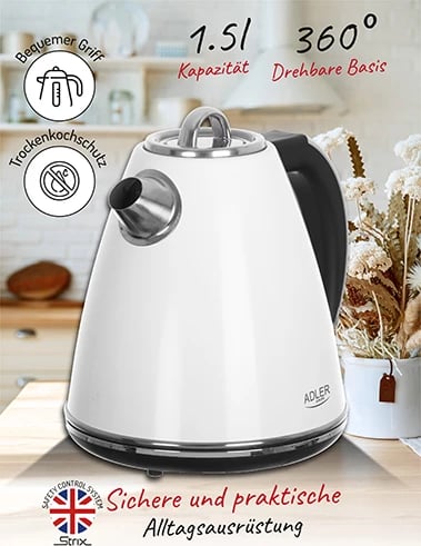 Zierës uji elektrik, Adler AD 1343, 1.5 L, 1850–2200W, element inoks i sheshtë, bazë 360°, sistem sigurie STRIX, e bardhë