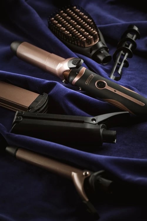 Set stilues flokësh 5-në-1, Adler Camry, CR 2024, 1200W, kordon rrotullues, ngjyrë e zezë/rozë metalike, set