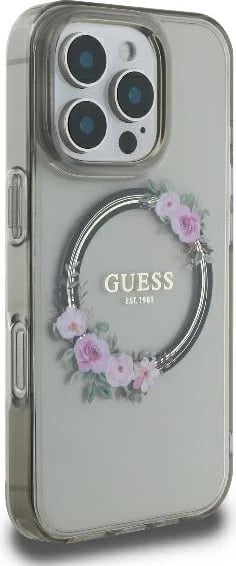 Mbështjellës Guess Flowers Wreath MagSafe për iPhone 16 Pro, 6.3", i zi Mbështjellës Guess Flowers Wreath MagSafe për iPhone 16 Pro, 6.3", i zi