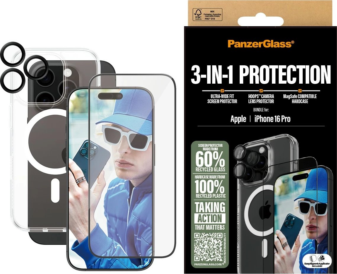 Mbështjellës PanzerGlass 3-in-1 për iPhone 16 Pro, transparent
