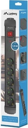 Prizë me mbrojtje Lanberg SP1-05F-0150-BK, 5 dalje Schuko, 1.5m, e zezë