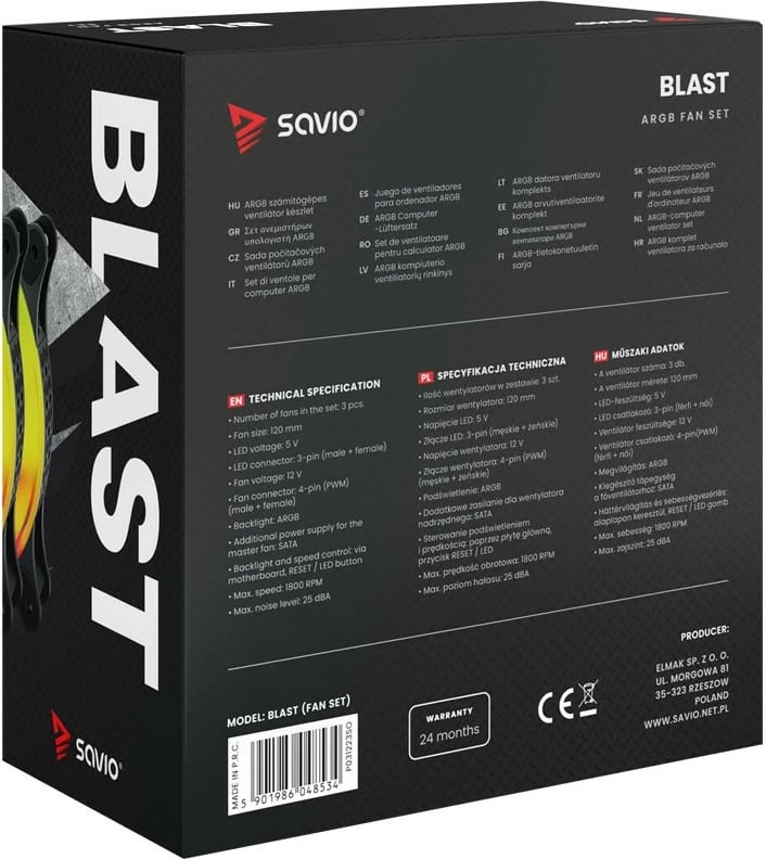Ventilator kompjuteri Savio BLAST 120mm ARGB, 3-pin 5V, 4-pin 12V, i zi Ventilator kompjuteri Savio BLAST 120mm ARGB, 3-pin 5V, 4-pin 12V, i zi