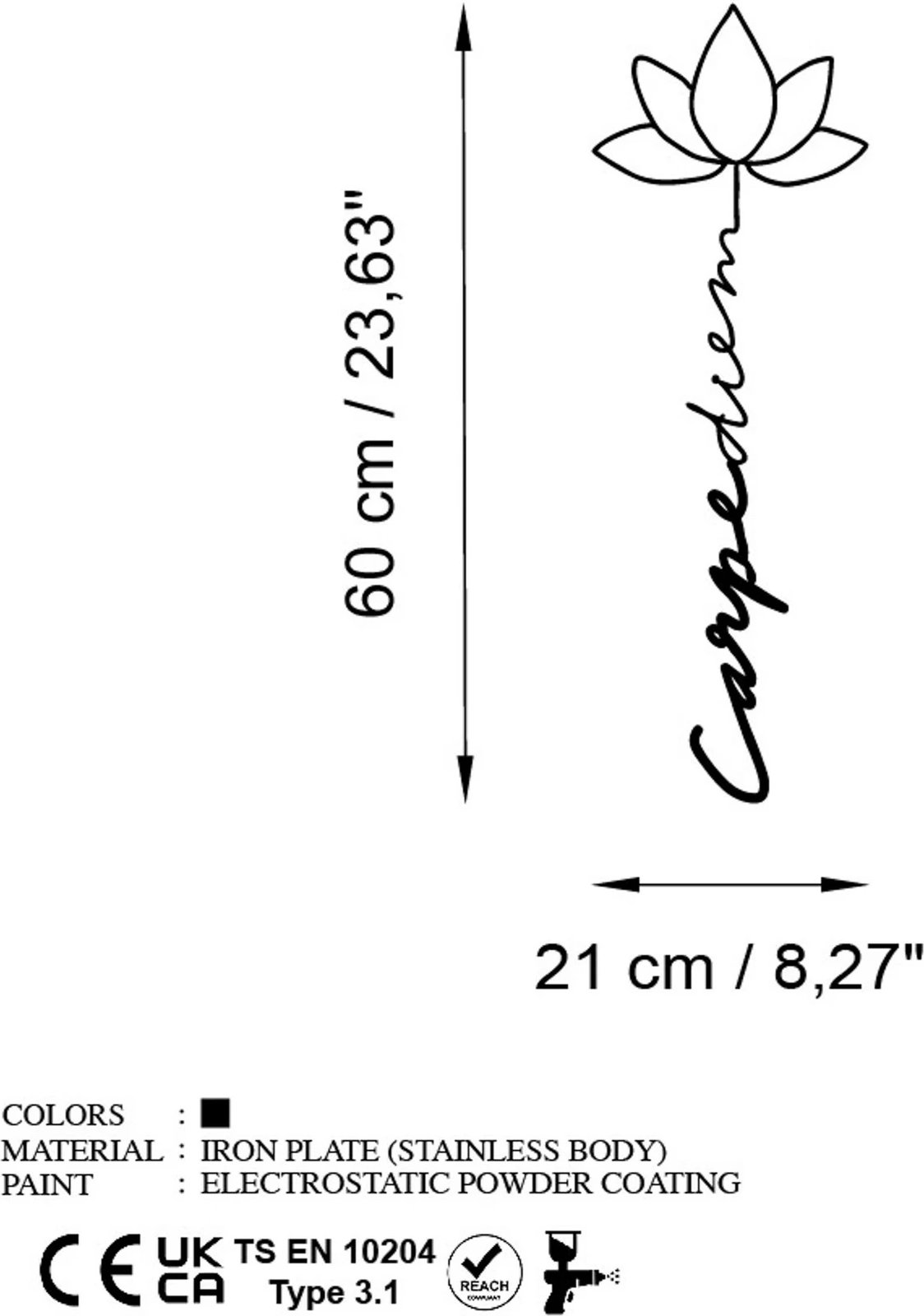 Aksesor dekorativ metalik për mur, Carpe Diem 4, ngjyrë e zezë, 21x60cm