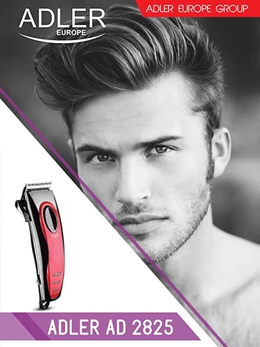 Makinë qethëse, Adler, AD 2825, teh çeliku inox 45 mm, 4 krehra 3-12 mm, kabllo 1.9 m, 15 W, prizë C, e kuqe/zezë, set me brushë gërshërë dhe vaj