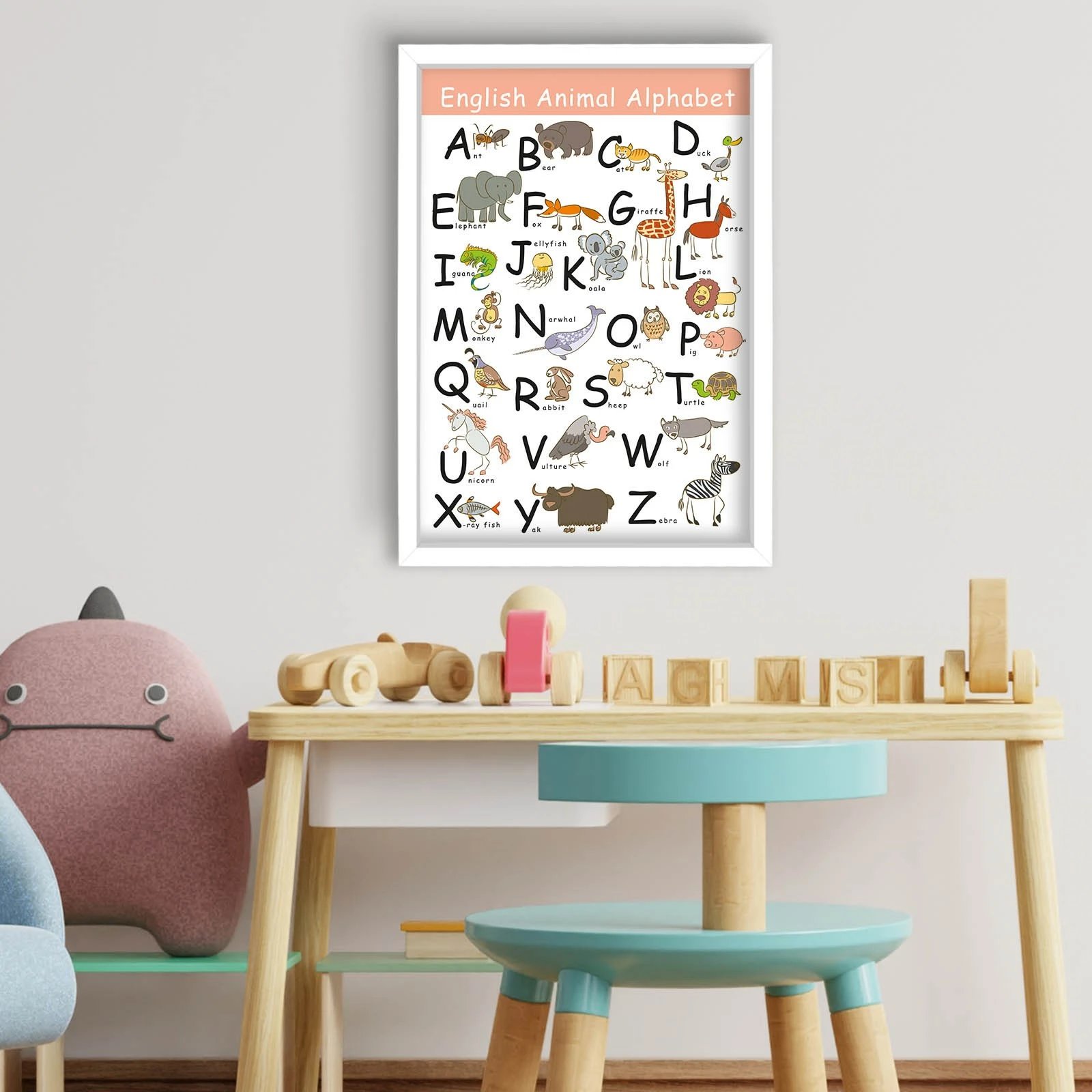 Pikturë dekorative me kornizë MDF, alfabeti i kafshëve në anglisht, shumëngjyrëshe, 38x53cm