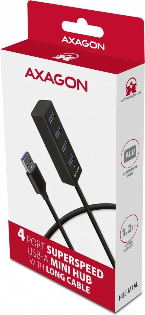 Hub USB AXAGON HUE-M1AL, 4 porta, USB 3.2 Gen 1, kabllo 1.2m, zi