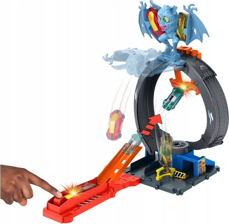Set lodër Hot Wheels Bat Loop City, me makinë 1:64, shumëngjyrësh