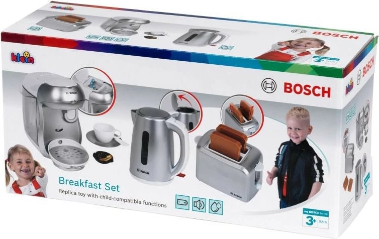 Set lodrash mëngjesi, Klein Bosch 9216, makinë kafeje me efekte zanore, kazan uji dhe toster, për fëmijë 3+, argjendtë, set