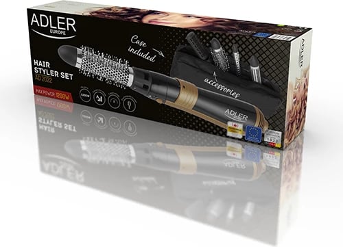 Stajler flokësh, Adler, AD 2022, 1200W, 6 koka ndërruese + çantë udhëtimi, e zezë me elemente të arta