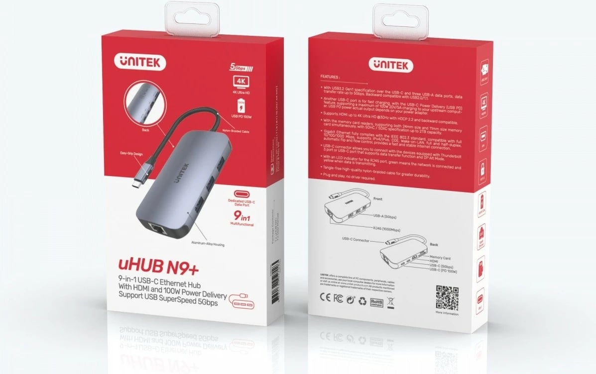 HUB USB-C Unitek D1071A 9-në-1, HDMI 2.0, RJ45, SD Card Reader, Argjend
