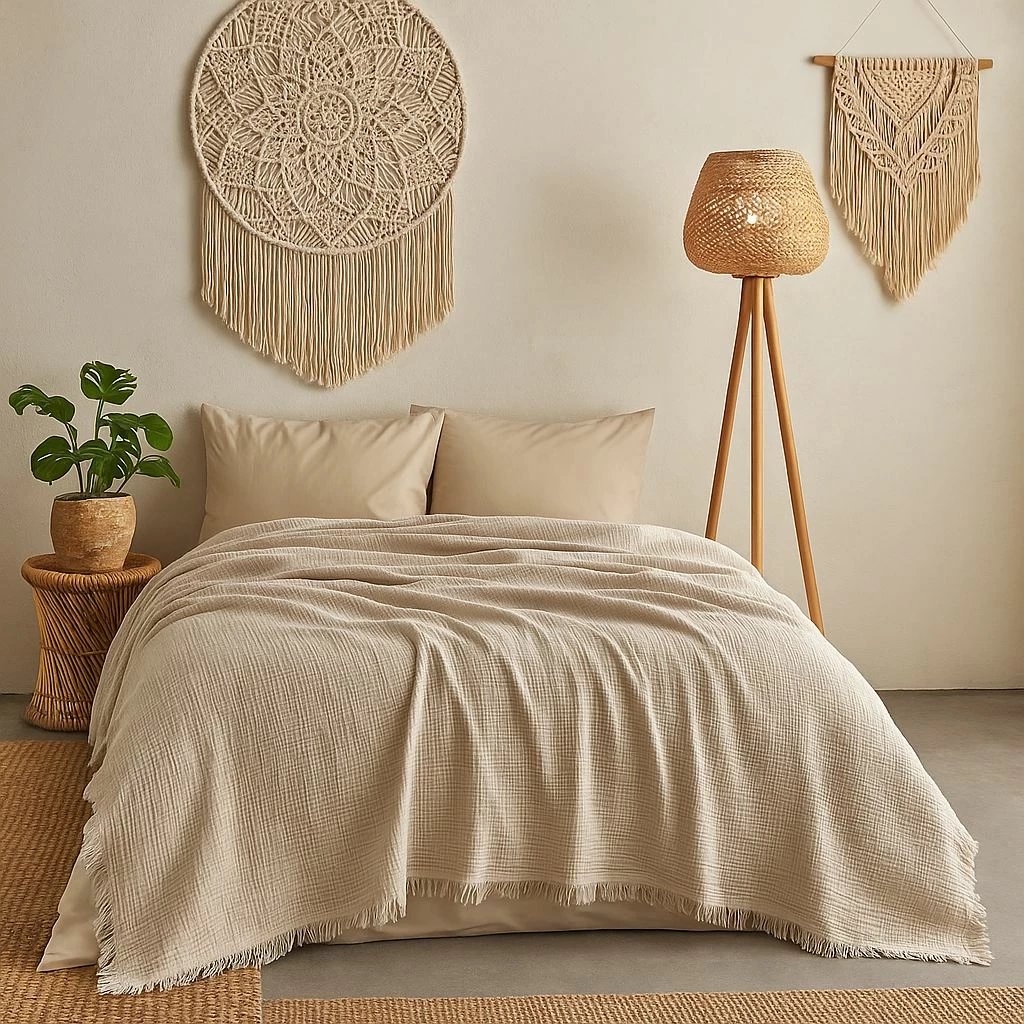 Përparëse dopio për shtrat, muslin pambuku, ngjyrë kapuçino, 200x220cm