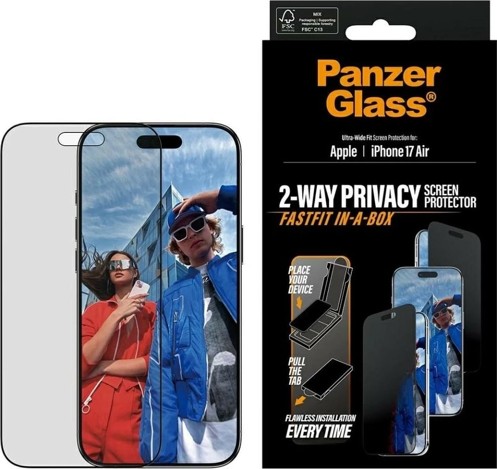 Mbështjellës PanzerGlass Ultra-Wide Fit Fastfit për iPhone 17 Air, privacy glass, e zezë