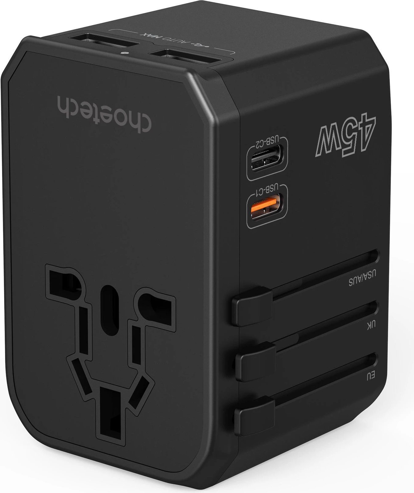 Karikues udhëtimi Choetech PD6045, 45W, 2x USB-C, 2x USB-A, GaN, 4 priza, zi