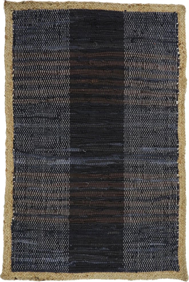 Qilim i errët, lëkurë dhe jute, 60x90cm, ngjyrë e zezë-bezhë