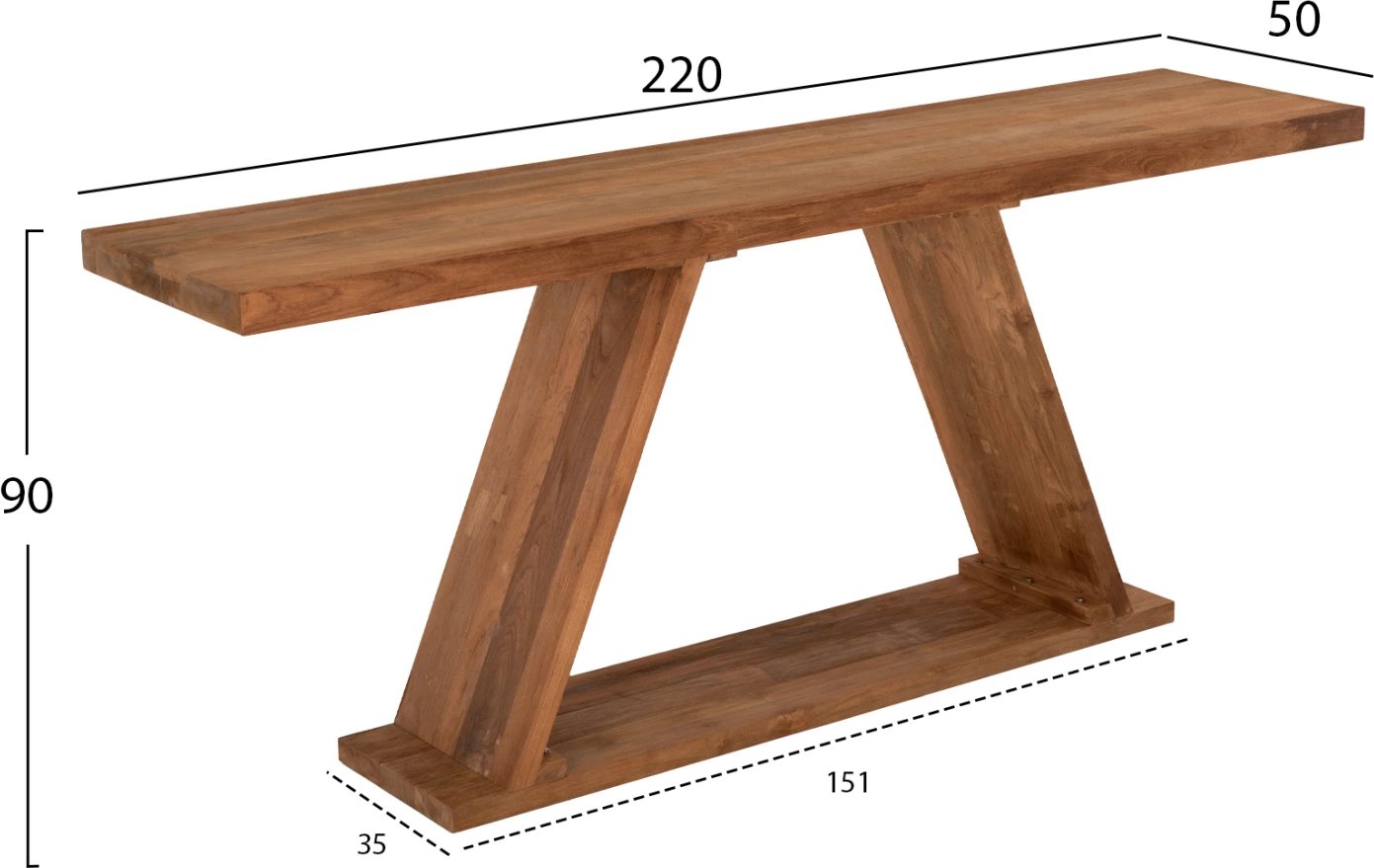 Konsolë prej druri teak, ngjyrë natyrale, 220x50x90 cm