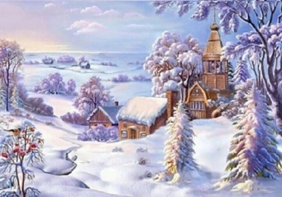 Mozaik diamantësh Norimpex Church in the Snow, 30x40cm, shumëngjyrësh, set