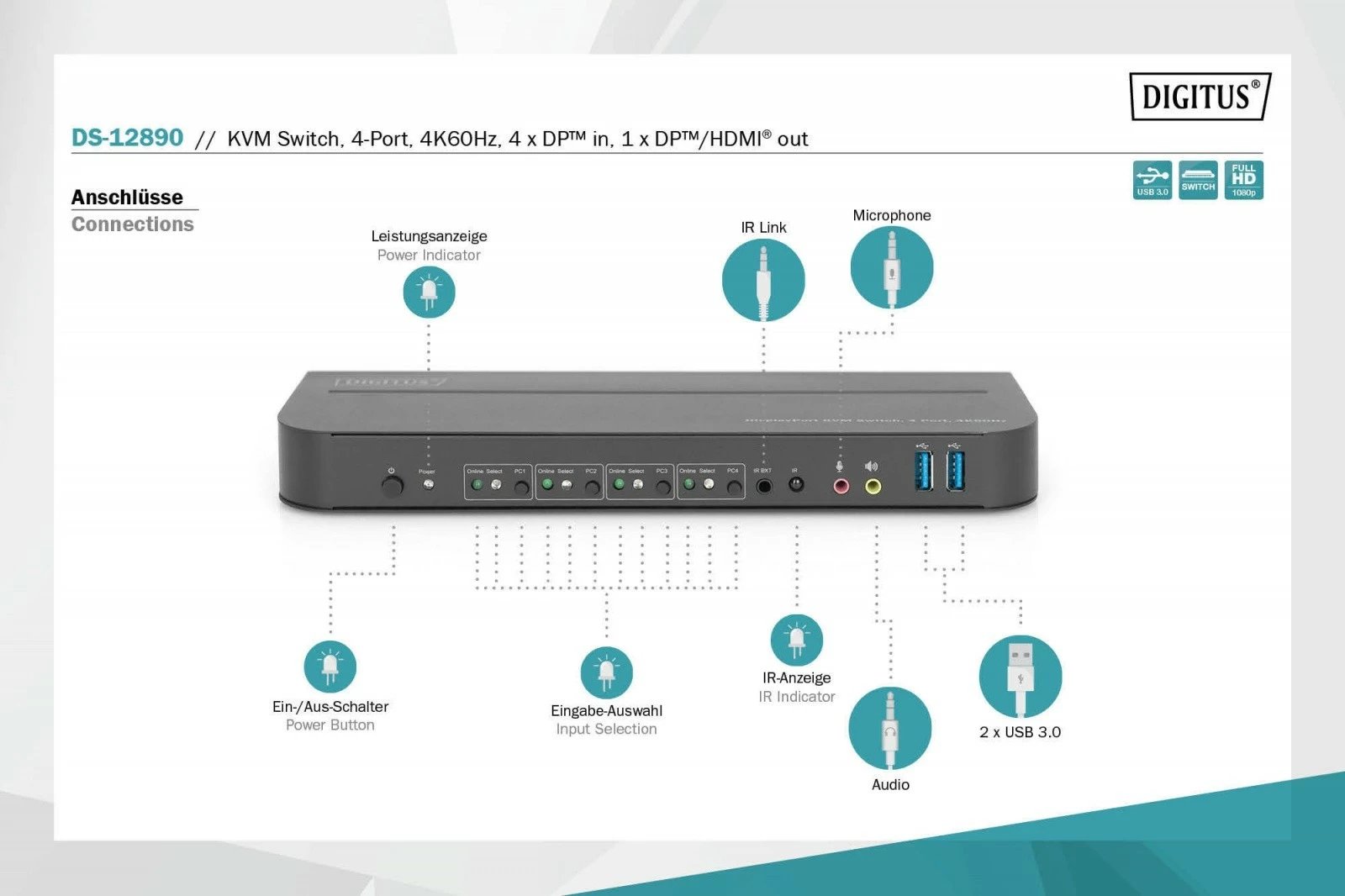 Switch KVM Digitus DS-12890, 4 porta, 4K 60Hz, 4x DP IN, 1x DP OUT, 1x HDMI OUT, 2x USB A, 1x Audio IN&OUT, gri