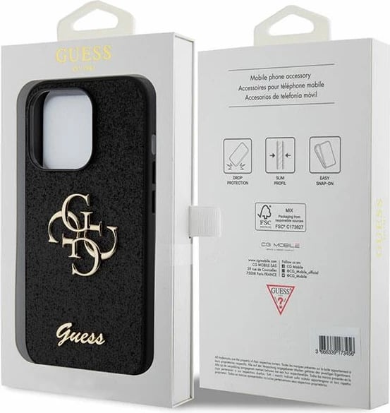 Mbështjellës Guess Glitter Script Big 4G për iPhone 15 Pro, i zi