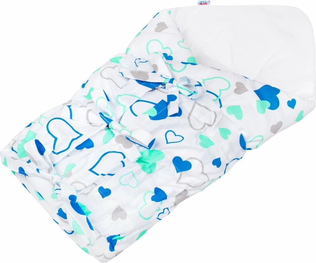 Mbështjellëse për bebe me lidhëse, New Baby, Blue Hearts klasik, 70x70 cm, pambuk 100% me mbushje anti-alergjike, blu