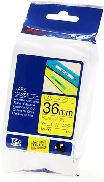 Kasetë shiriti etiketues Brother TZe-661 36mm 8m e laminuar, e zezë mbi të verdhë